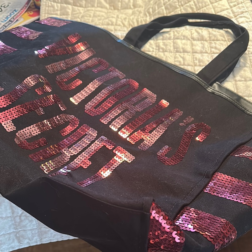 Large Victoria's Secret Black and Sparkly Pink Sequins Graphic Tote